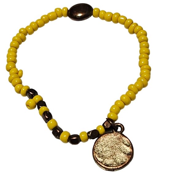 Handmade Boho Yellow Beaded Bronze Coin Charm Stretch Bracelet Fashion Jewelry - Picture 1 of 4